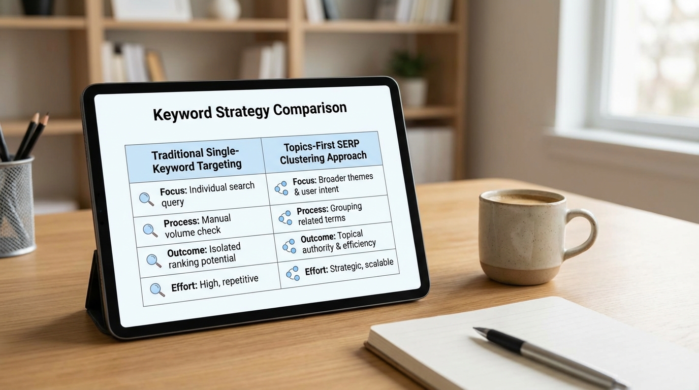 Comparison matrix of single-keyword targeting versus topics-first SERP clustering