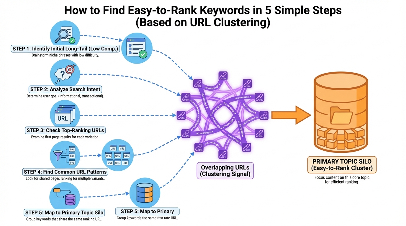Diagram of SERP clustering showing multiple long-tail keywords mapping to a single topic silo